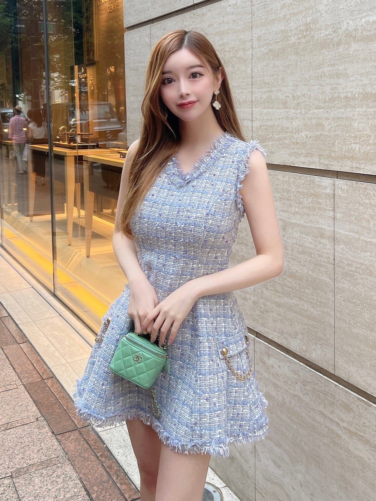 Side chainwfringe tweed dress – eve46