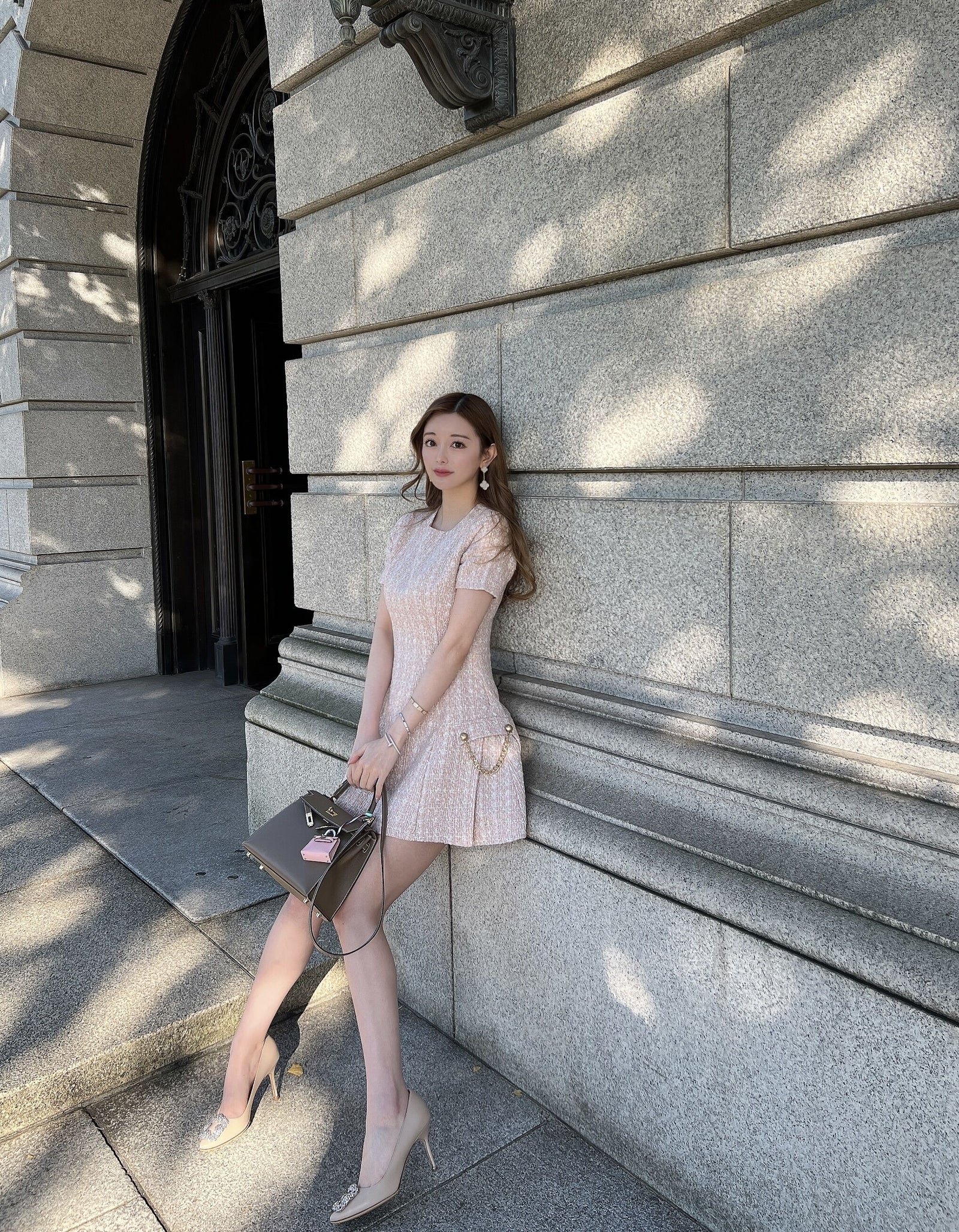 Side chainwfringe tweed dress – eve46